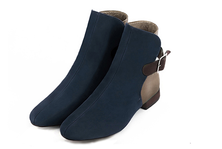 Women's navy blue, antique gold and dark brown elegant ankle boots, with buckles at the back. Round toe. Flat block heels - Front view